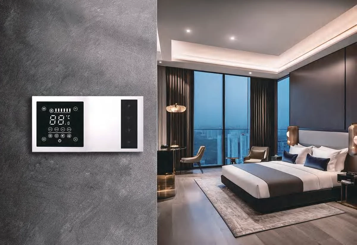 Coordinated climate and lighting wall controls beside a guest room