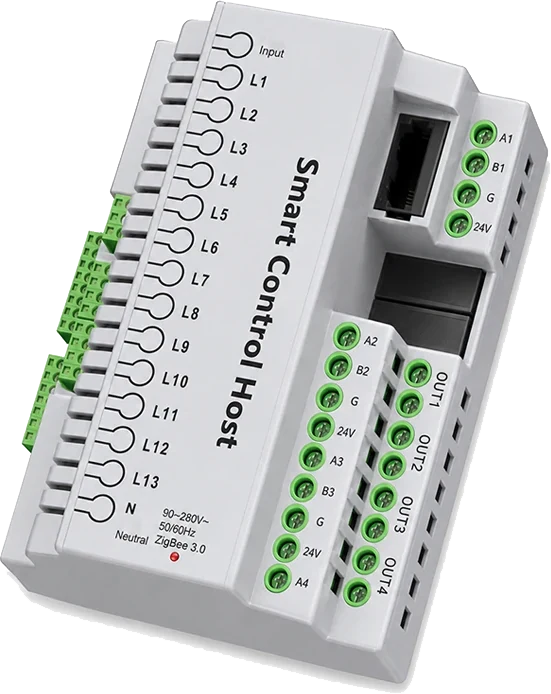 DIN-rail room controller with labelled connection terminals
