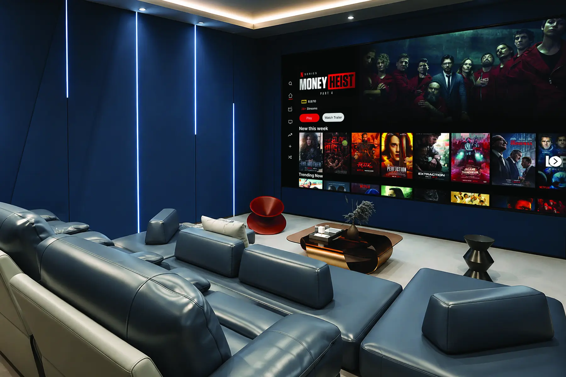 Home cinema with integrated lighting
