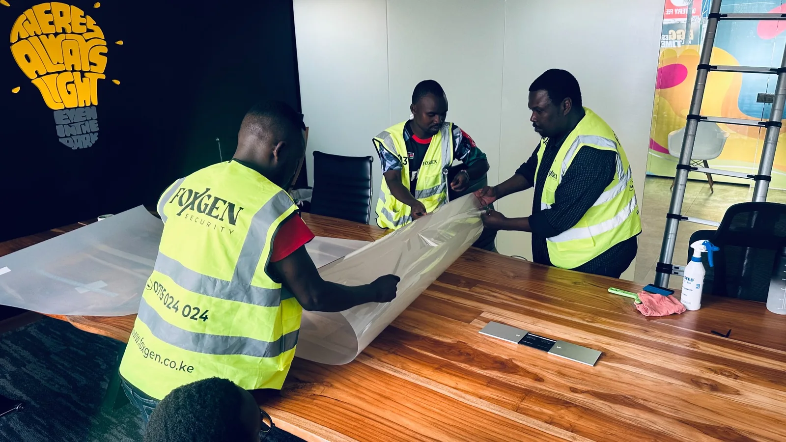 Foxgen team preparing a large sheet of film material on a meeting table